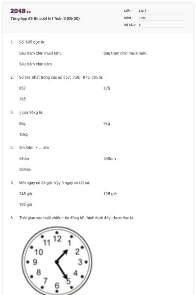 Tổng hợp đề thi cuối kì I Toán 3 (Đề 50)