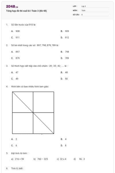 Tổng hợp đề thi cuối kì I Toán 3 (Đề 48)