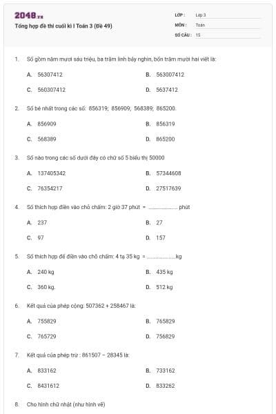 Tổng hợp đề thi cuối kì I Toán 3 (Đề 49)