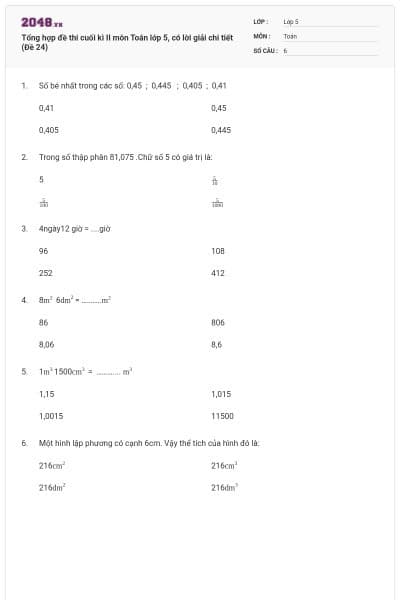 Tổng hợp đề thi cuối kì II môn Toán lớp 5, có lời giải chi tiết (Đề 24)