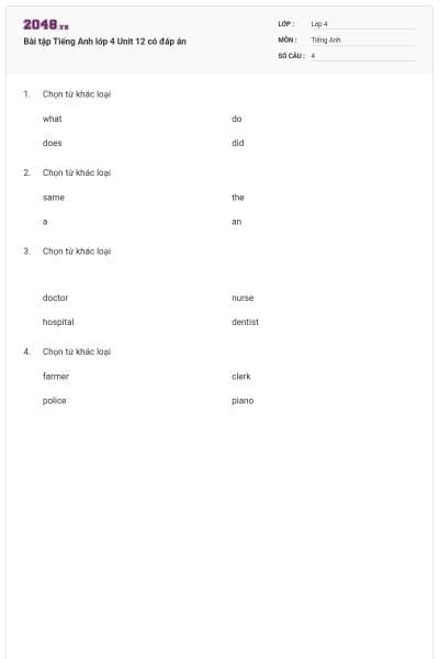 Bài tập Tiếng Anh lớp 4 Unit 12 có đáp án