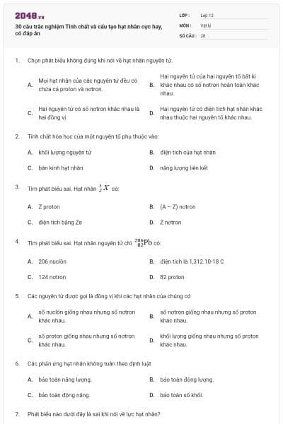 30 câu trắc nghiệm Tính chất và cấu tạo hạt nhân cực hay, có đáp án