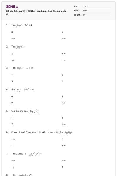 34 câu Trắc nghiệm Giới hạn của hàm số có đáp án (phần 2)