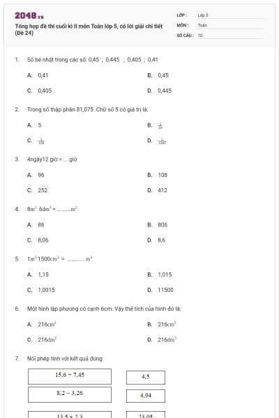 Tổng hợp đề thi cuối kì II môn Toán lớp 5, có lời giải chi tiết (Đề 24)