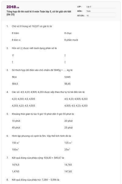 Tổng hợp đề thi cuối kì II môn Toán lớp 5, có lời giải chi tiết (Đề 25)