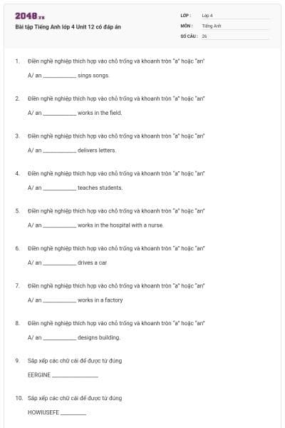 Bài tập Tiếng Anh lớp 4 Unit 12 có đáp án