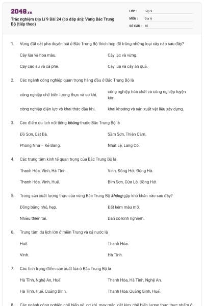 Trắc nghiệm Địa Lí 9 Bài 24 (có đáp án): Vùng Bắc Trung Bộ (tiếp theo)