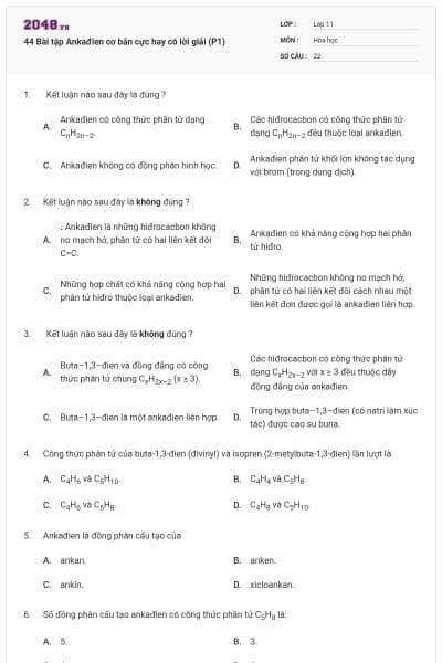 44 Bài tập Ankađien cơ bản cực hay có lời giải (P1)