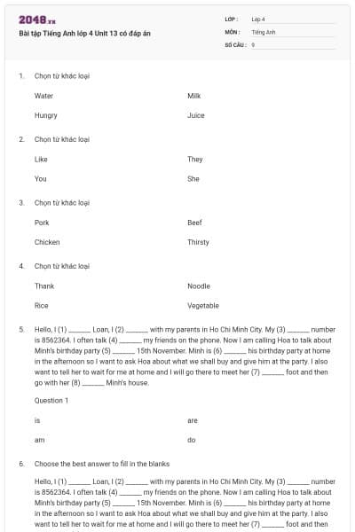 Bài tập Tiếng Anh lớp 4 Unit 13 có đáp án