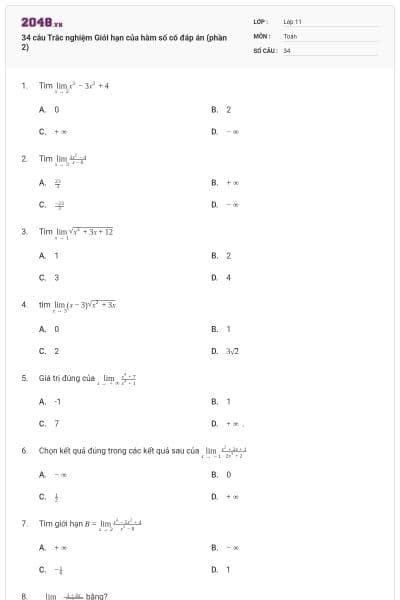 34 câu Trắc nghiệm Giới hạn của hàm số có đáp án (phần 2)