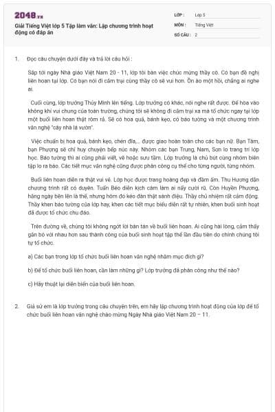 Giải Tiếng Việt lớp 5 Tập làm văn: Lập chương trình hoạt động có đáp án