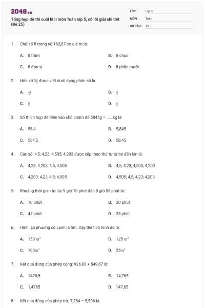Tổng hợp đề thi cuối kì II môn Toán lớp 5, có lời giải chi tiết (Đề 25)