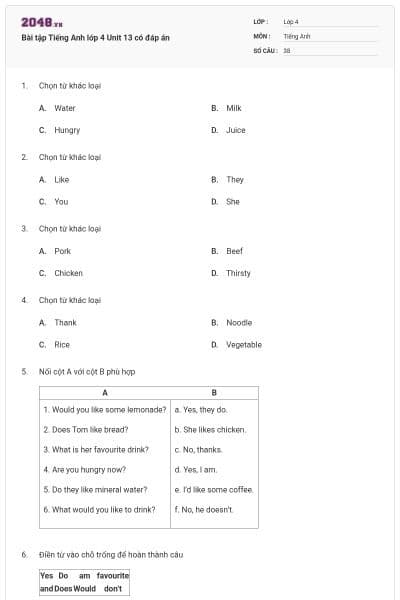 Bài tập Tiếng Anh lớp 4 Unit 13 có đáp án