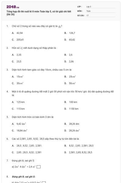 Tổng hợp đề thi cuối kì II môn Toán lớp 5, có lời giải chi tiết (Đề 26)