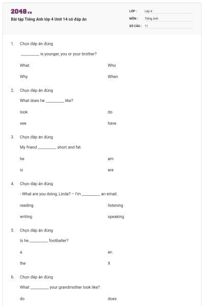 Bài tập Tiếng Anh lớp 4 Unit 14 có đáp án