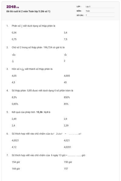 Đề thi cuối kì 2 môn Toán lớp 5 (Đề số 1)