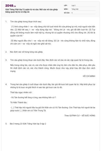 Giải Tiếng Việt lớp 5 Luyện từ và câu: Nối các vế câu ghép bằng quan hệ từ có đáp án