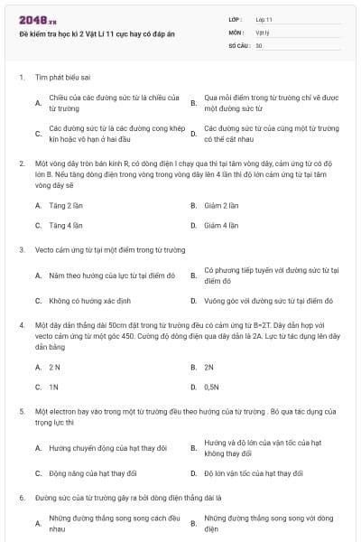 Đề kiểm tra học kì 2 Vật Lí 11 cực hay có đáp án