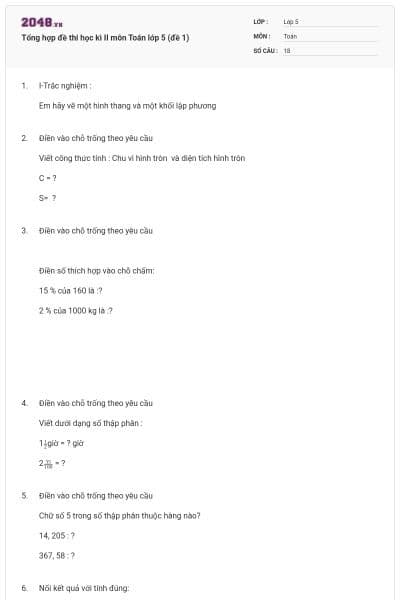 Tổng hợp đề thi học kì II môn Toán lớp 5 (đề 1)