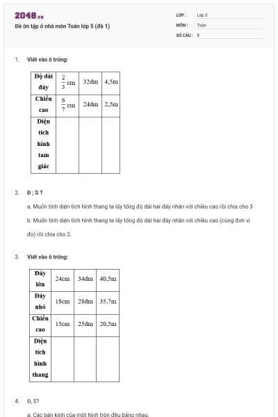 Đề ôn tập ở nhà môn Toán lớp 5 (đề 1)