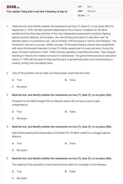 Trắc nghiệm Tiếng Anh 9 mới Unit 4 Reading có đáp án