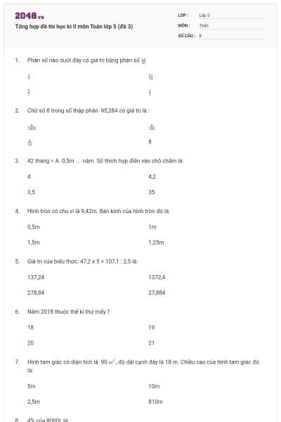 Tổng hợp đề thi học kì II môn Toán lớp 5 (đề 3)