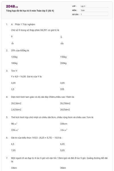 Tổng hợp đề thi học kì II môn Toán lớp 5 (đề 4)