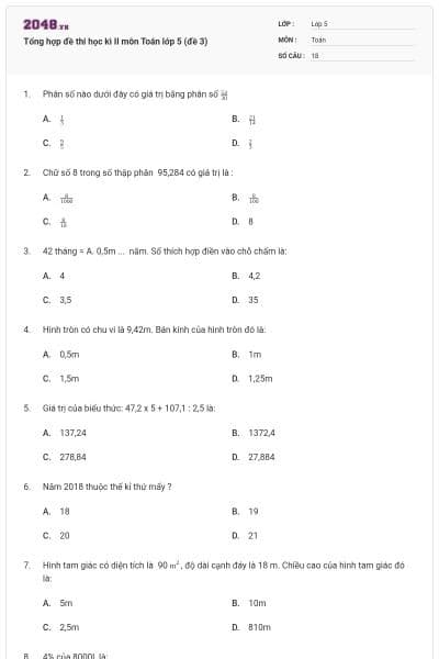 Tổng hợp đề thi học kì II môn Toán lớp 5 (đề 3)