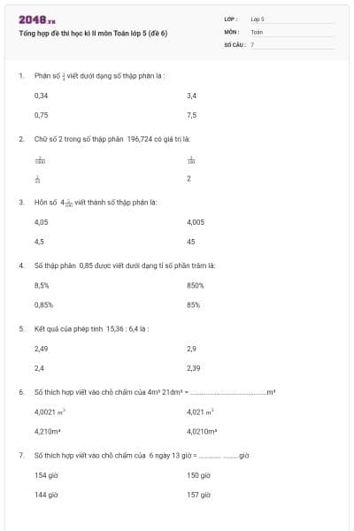 Tổng hợp đề thi học kì II môn Toán lớp 5 (đề 6)