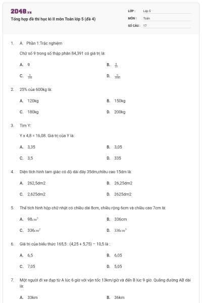 Tổng hợp đề thi học kì II môn Toán lớp 5 (đề 4)