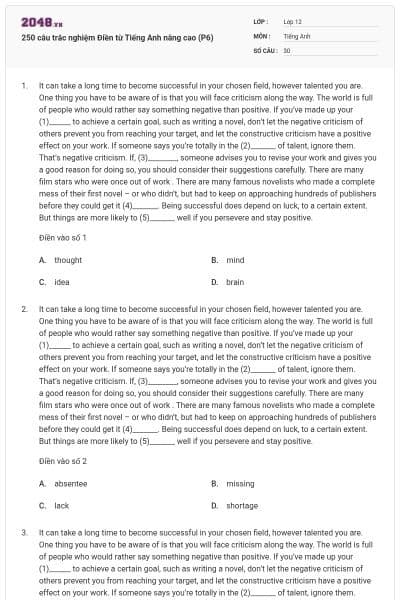 250 câu trắc nghiệm Điền từ Tiếng Anh nâng cao (P6)