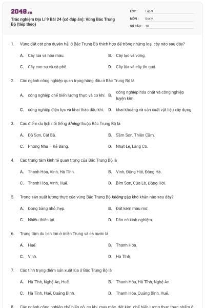Trắc nghiệm Địa Lí 9 Bài 24 (có đáp án): Vùng Bắc Trung Bộ (tiếp theo)