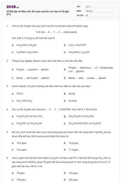 53 Bài tập về Điều chế, Độ rượu (ancol) cực hay có lời giải (P1)