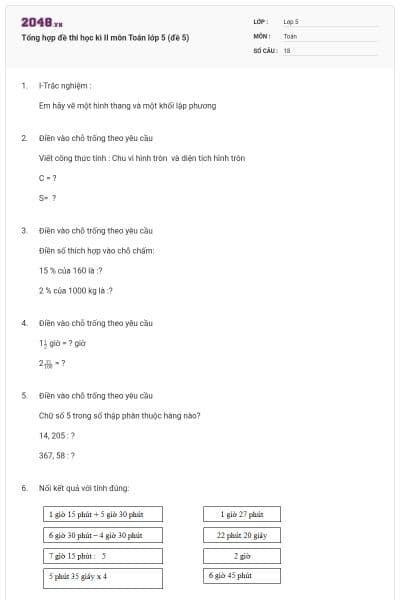 Tổng hợp đề thi học kì II môn Toán lớp 5 (đề 5)