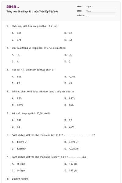 Tổng hợp đề thi học kì II môn Toán lớp 5 (đề 6)