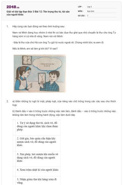 Giải vở bài tập Đạo Đức 3 Bài 12: Tôn trọng thư từ, tài sản của người khác