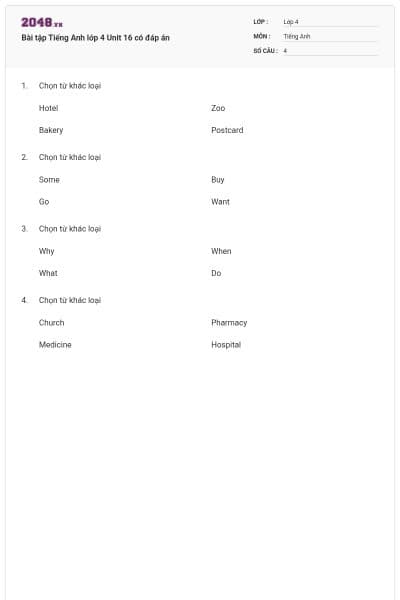 Bài tập Tiếng Anh lớp 4 Unit 16 có đáp án