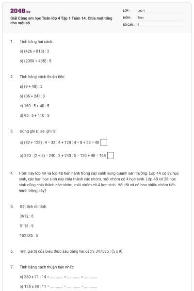 Giải Cùng em học Toán lớp 4 Tập 1 Tuần 14. Chia một tổng cho một số