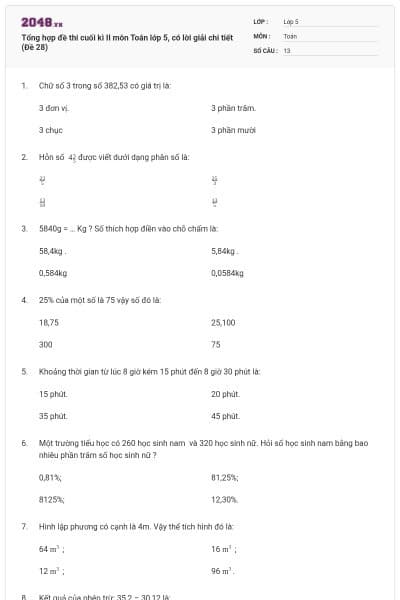 Tổng hợp đề thi cuối kì II môn Toán lớp 5, có lời giải chi tiết (Đề 28)