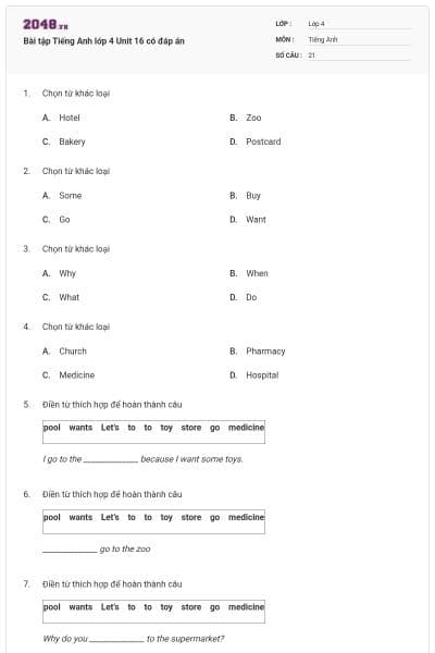 Bài tập Tiếng Anh lớp 4 Unit 16 có đáp án