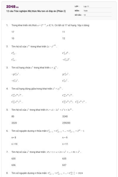 12 câu Trắc nghiệm Nhị thức Niu tơn có đáp án (Phần 2)