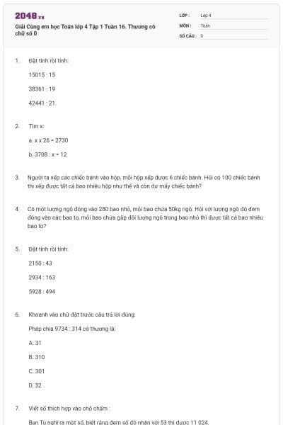 Giải Cùng em học Toán lớp 4 Tập 1 Tuần 16. Thương có chữ số 0