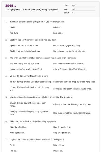 Trắc nghiệm Địa Lí 9 Bài 28 (có đáp án): Vùng Tây Nguyên