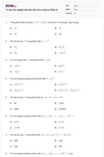 12 câu Trắc nghiệm Nhị thức Niu tơn có đáp án (Phần 2)