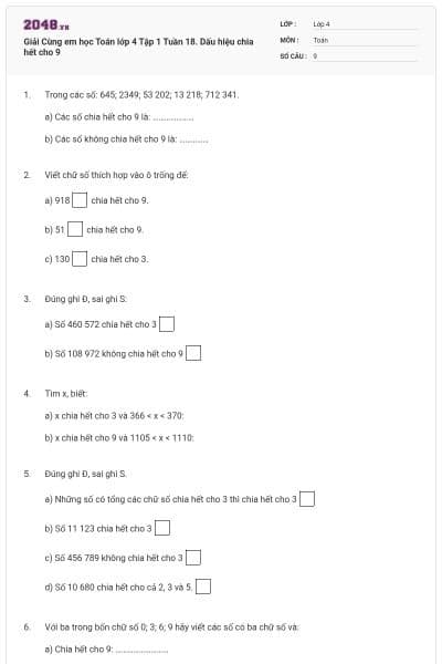 Giải Cùng em học Toán lớp 4 Tập 1 Tuần 18. Dấu hiệu chia hết cho 9