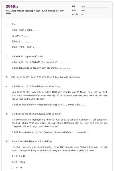 Giải Cùng em học Toán lớp 4 Tập 1 Kiểm tra học kì 1 hay nhất
