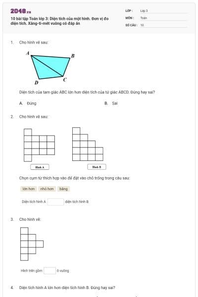 10 bài tập Toán lớp 3: Diện tích của một hình. Đơn vị đo diện tích. Xăng-ti-mét vuông có đáp án