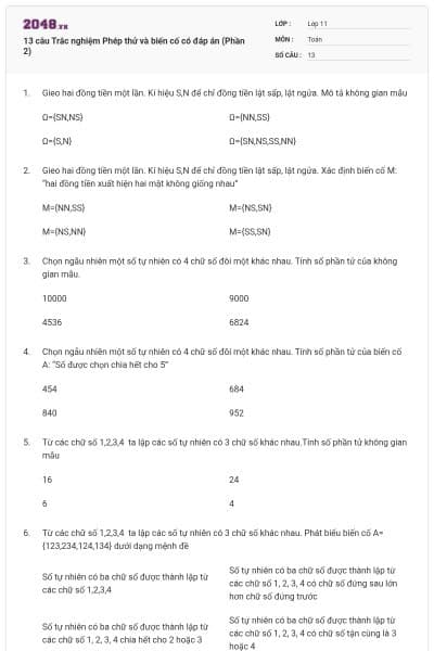 13 câu Trắc nghiệm Phép thử và biến cố có đáp án (Phần 2)
