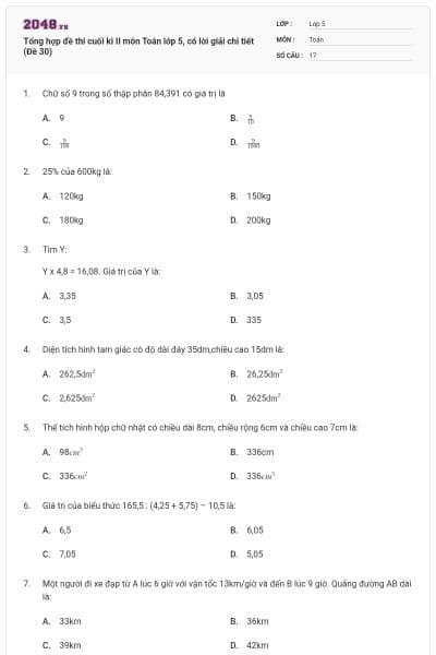 Tổng hợp đề thi cuối kì II môn Toán lớp 5, có lời giải chi tiết (Đề 30)