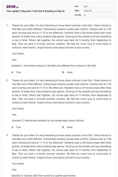 Trắc nghiệm Tiếng Anh 7 mới Unit 6 Reading có đáp án